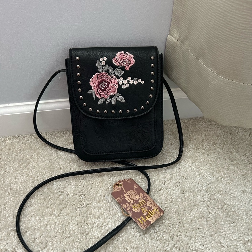 Sam and Hadley Floral Embroidered Black Crossbody Bag